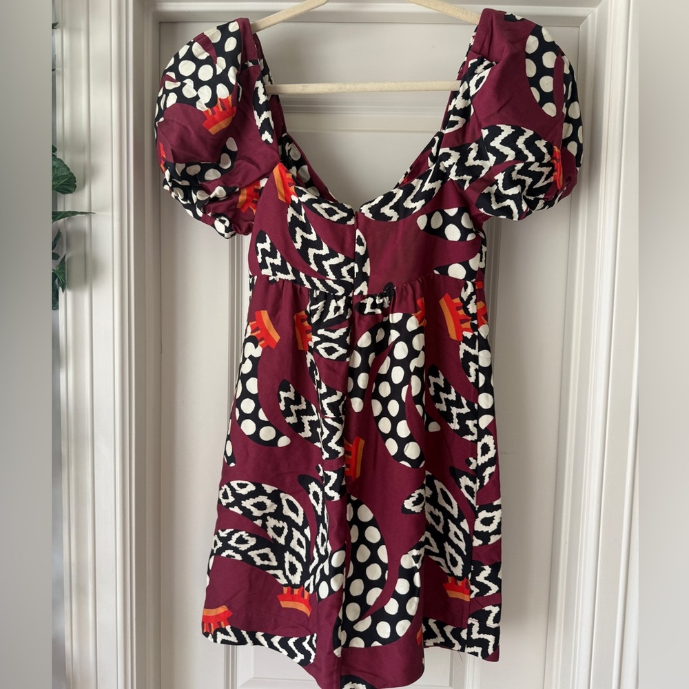 NEW FARM RIO Burgundy Dress Ethnic Bananas Puff Sleeve Mini Dress RARE PATTERN S - Picture 7 of 9